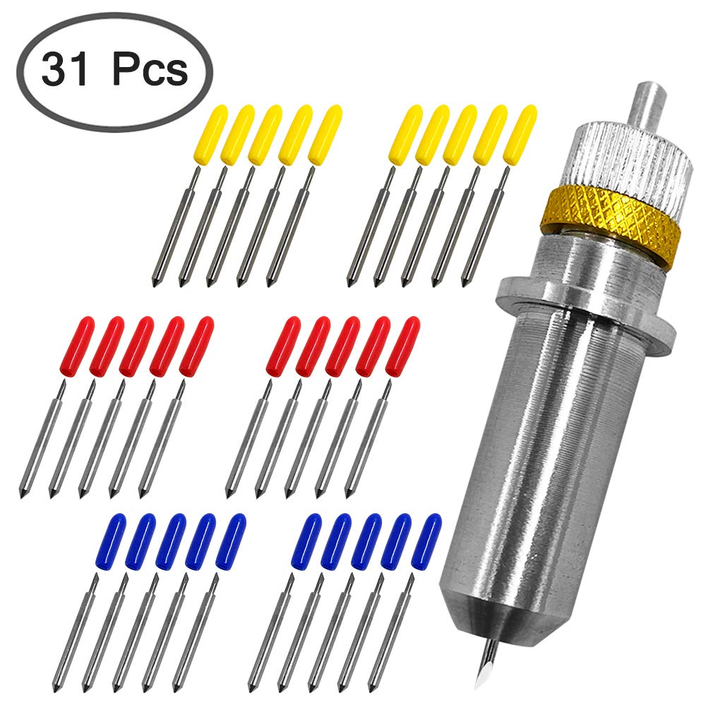 30-Piece Finegood Vinyl Cutter Plotter Cutting Blade Set (304560 Degrees) for Roland and Most Plotters. Includes Blade Holder Base.