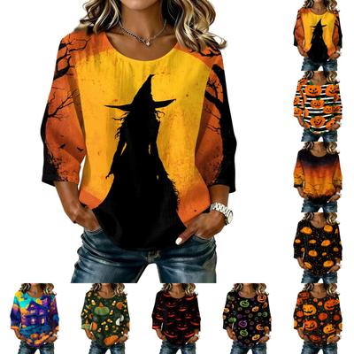 Women Casual Halloween Pumpkin Print Round Neck Three Quarter Sleeve Linen Cotton Blended Top Lightweight Comfortable Fit