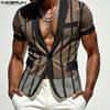 INCERUN Men Summer Deep V Striped Stitching See Through Mesh Sheer One Button Shirts