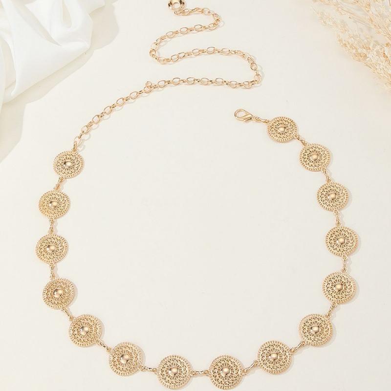 

Европейская и американская круглая полая металлическая пластина женская поясная цепочка модные простые аксессуары для платья поясные аксессуары женские золотой