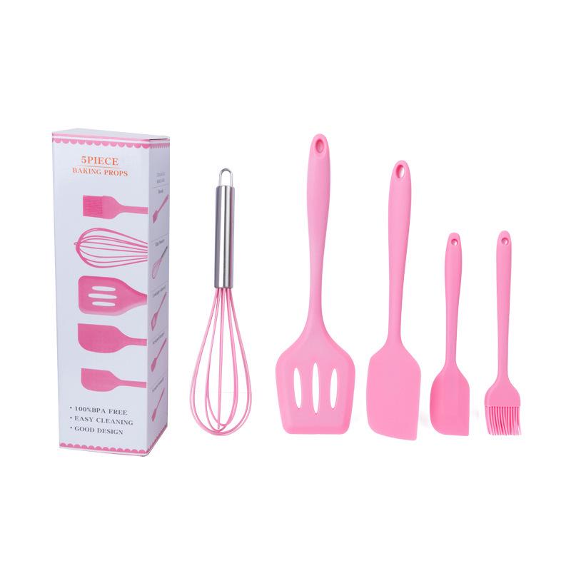 Set de 5 ustensile de bucătărie din silicon: Spatulă, Pensulă de ulei, Tel și Lingură de gătit