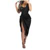 Dames effen kleur sexy pailletten split maxi gesmokte avondjurk met één schouder