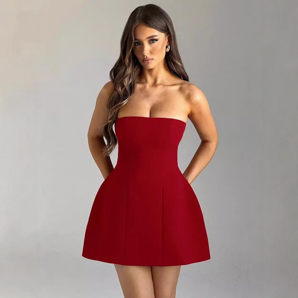 2026 European and American Summer New Sexy Short Dress Fashion Tube Top High Waist Solid Color Dress