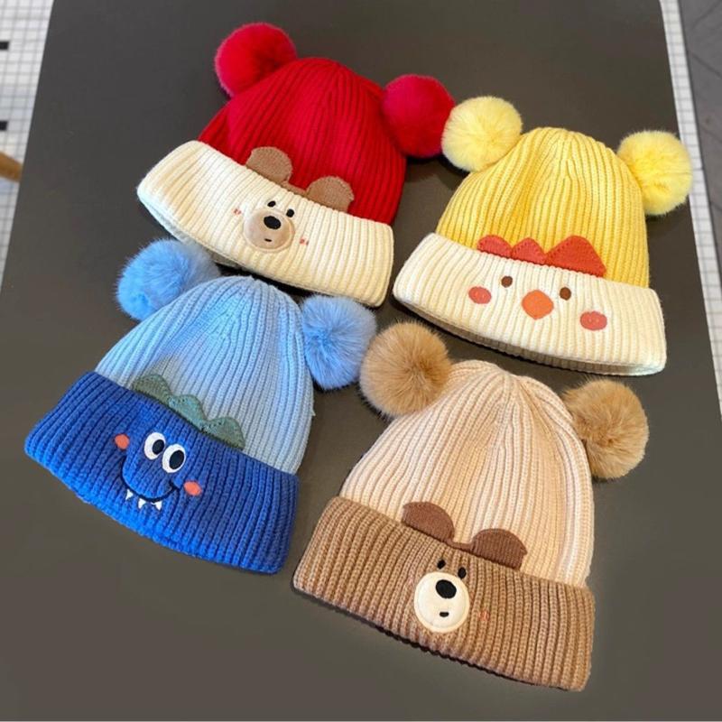 Cute Bear Knitted Baby Hat Warm Ear Protection Soft Pom Poms For Autumn Winter Daily Wear