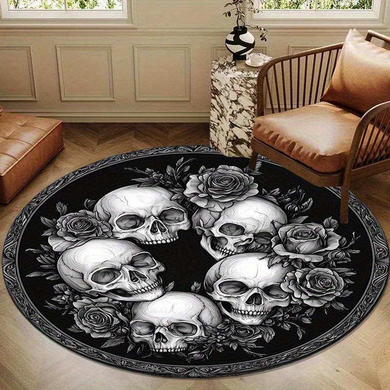Black and White Rose Skull Print Round Carpet Chair Mat, Non-Slip Polyester Home Decor for Bedroom and Living Room