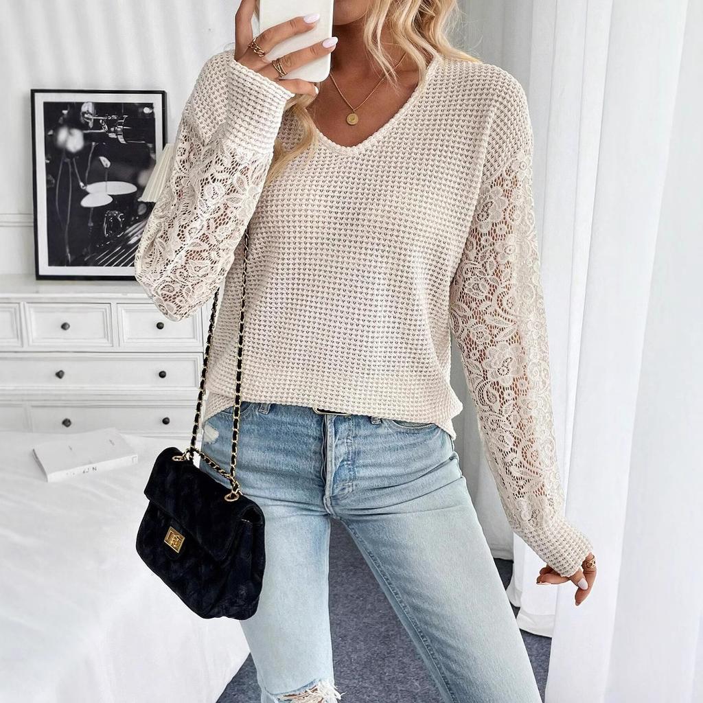 Spring Elegant Women's Solid Color V-neck Lace Splicing Long-sleeved T-shirt Tops Women Versatile Closet Essential Fashion Items Shirt