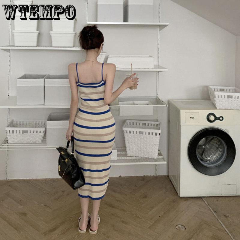 WTEMPO Sleeveless Knitted Long Dress Women Striped Vintage Strap Backless Bodycon Elegant Korean Chic Dress