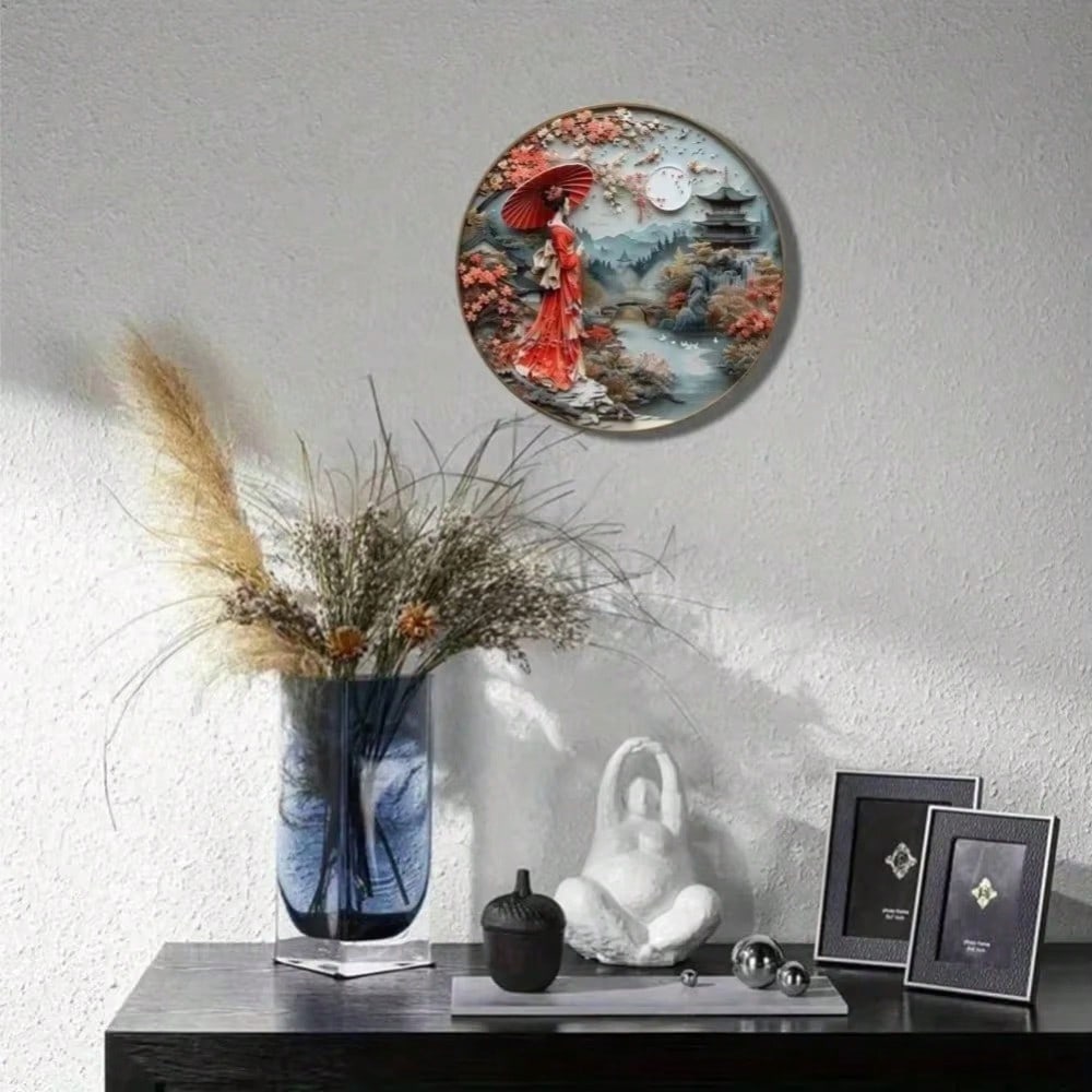 Metal Tin Sign Vintage Geisha Lady Wall Art Round Plaque Home Office Door Decor