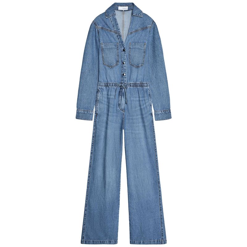 Zaprha 2025 Summer New Long Sleeve Lapel Pocket Wide Leg Adjustable Waist Denim Jumpsuit 0108022
