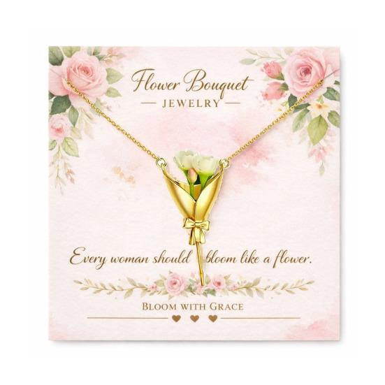 Yousheng Flower Bouquet Necklace Pendant Metal Floral Gift Box Design with Bow Decoration Lightweight Necklace for Women Romantic Jewelry Gift