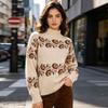 Womens Oversized Knit Sweater With Floral Embroidery Semi-Turtleneck Long Sleeve Casual Top