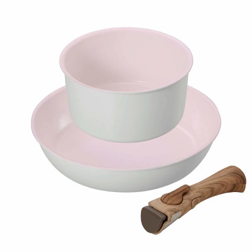 

Bestco 3-Piece Frying Pan and Pot Set in Sakura White, Cerati Ceramic, One-Handle, Induction Compatible, Removable Handle, ND-8181