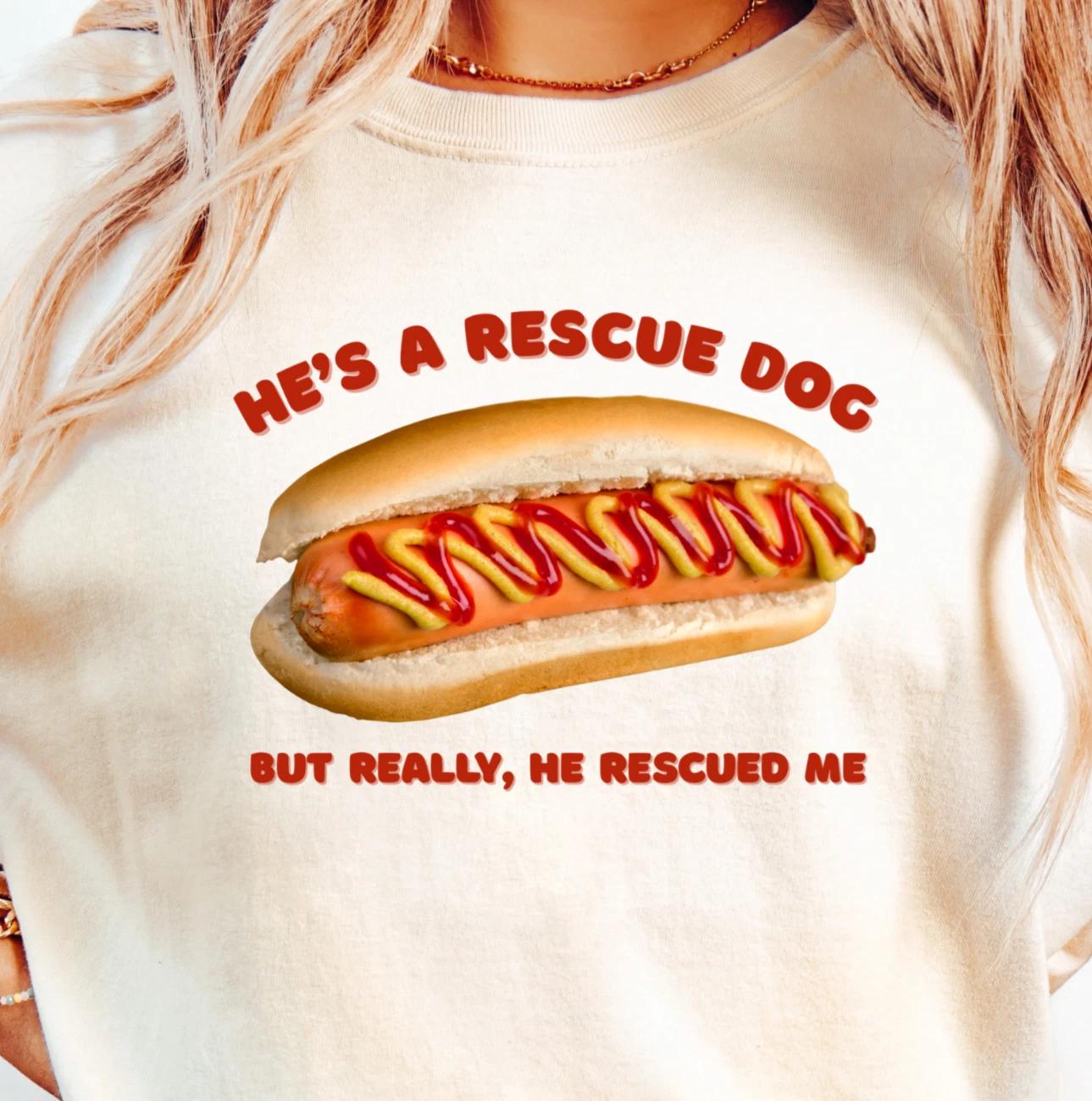 He s a Rescue Dog Hot Dog Tee | Funny Rescue Puppy Shirt, Barbeque T-Shirt 2XL
