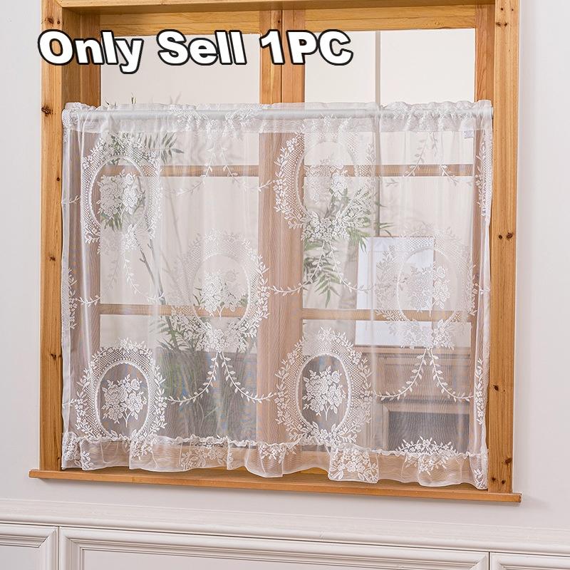 1 stuks Franse Kant Gordijn Deur Gordijn, Transparant Sfeer Keuken Kort Gordijn, Geen Boor Half Gordijn voor Balkon Raam W140xH60cm&Rod pocket&1 panel