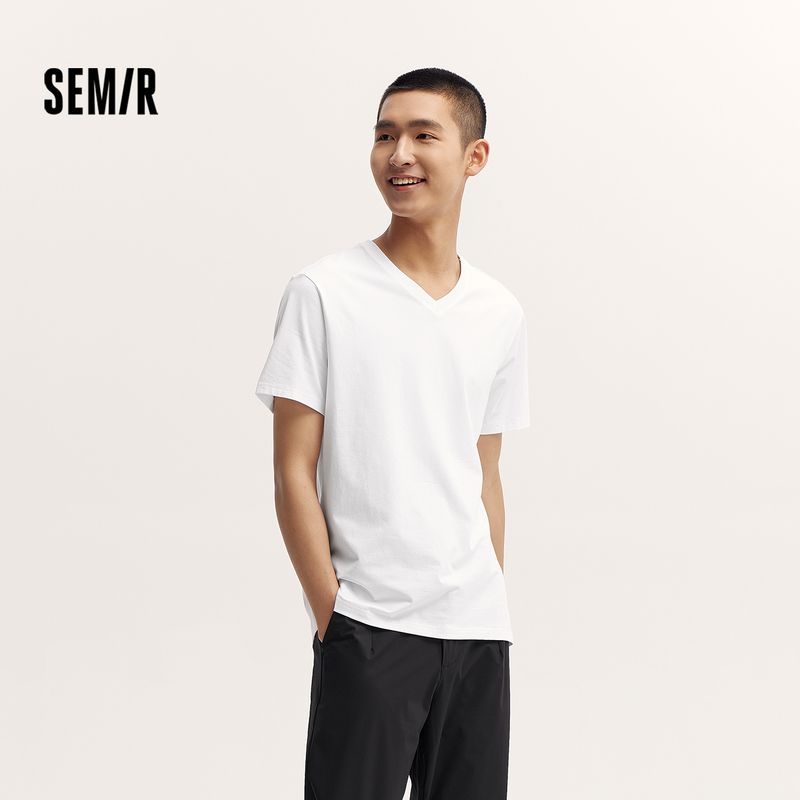 

[Same Style with Mall] Senma Short-Sleeved T-shirt Men s 2024 Summer New Slim V-neck Tops Pure Color Minimalist Versatile Style Black 90001 160/80A/XS