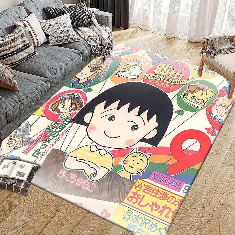 Chibi Maruko‑chan2 Flannel Pattern Square Carpet,Area Rug,Carpet Rug for Living Room Bedroom Sofa Playroom Decor,Non-slip Floor Mat