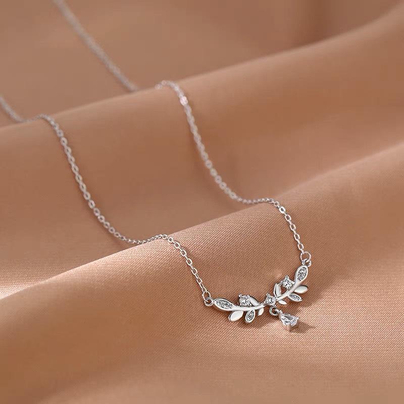 Bay Leaf Goddess Necklace: S925 Sterling Silver, Forest Style Flower Branch Pendant with Wheat Ear Element.