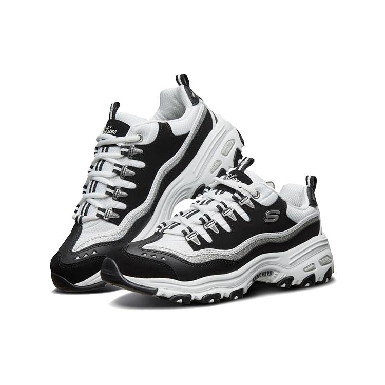 Skechers D'Lites Cushioning Lightweight Height Increasing Low Top Chunky Sneakers Women's Black White (Unisex) Chunky Sneakers 11914 BKW