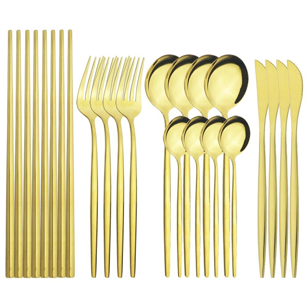 Black Gold Dinner Teaspoon Set Stainless Steel Silverware Table Cutlery Kitchen Sets Knife Spoons Forks Chopsticks Dinnerware Flatware