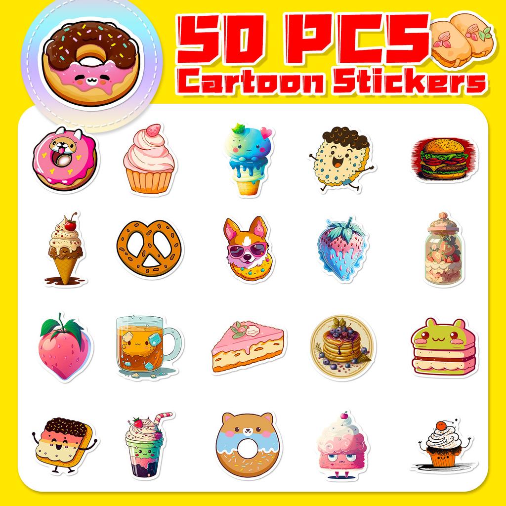 50 Cat Donut Food Stickers Children's Graffiti Toys Burgers Food Dessert Stickers Outside