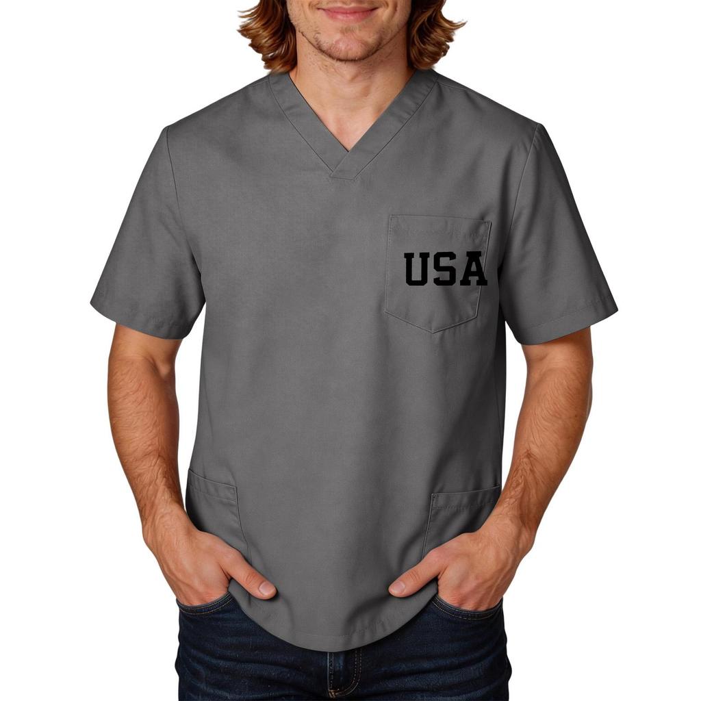 Men's Short Sleeve V-Neck Pocket T-Shirt with Labor Day Print, Uniform Top