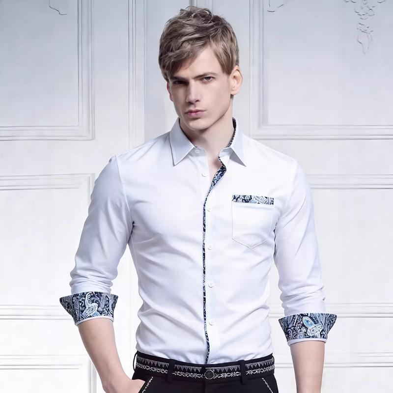 

Мужская темно-синяя рубашка с принтом пейсли, отделкой, длинным рукавом, на пуговицах, формальный деловой топ S белый