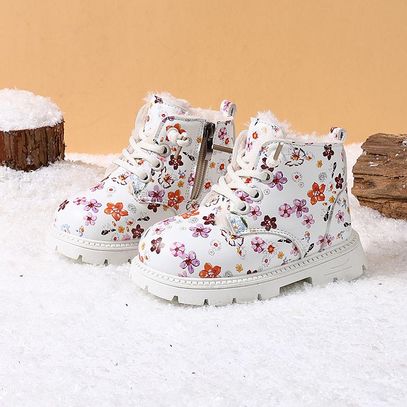 

Winter Children Snow Boots Leather Flower Warm Plush Toddler Kids Shoes Non-slip Girls Boots EU 23-31 23 бежевый