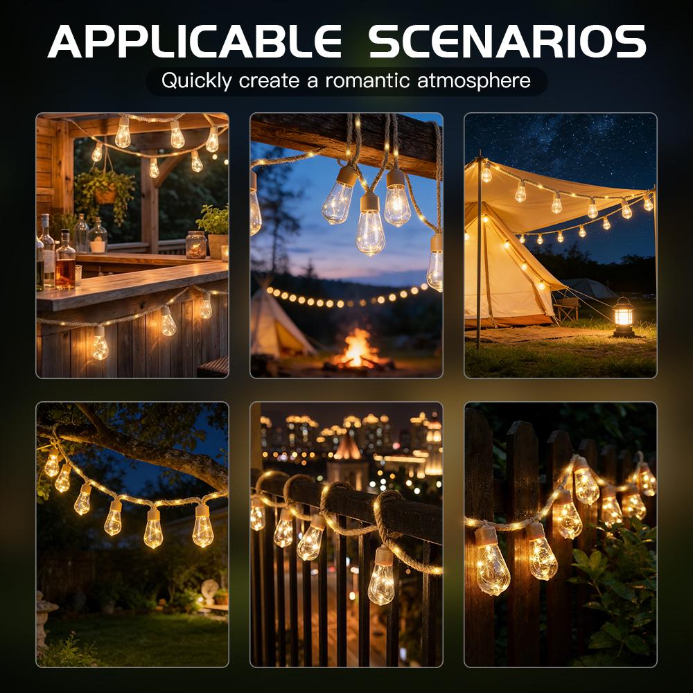 Outdoor Solar Hemp Rope Lights Waterproof String Lights Copper Wire Christmas Ball Bubble Lights for Courtyard Camping Holiday Decor