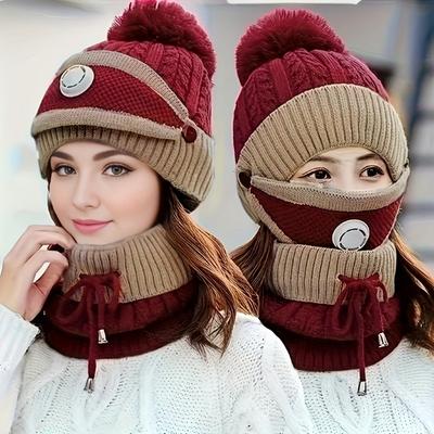 3PCS Set Women's Autumn and Winter Hat Thickened -Lined Warm Ear Protection Scarf and Hat Combo