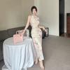 Lady temperament improved cheongsam stand-up collar hollow disc buckle waist thin temperament slim slit dress