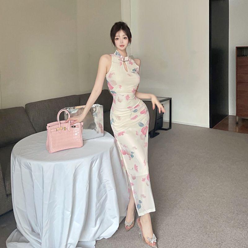 Lady temperament improved cheongsam stand-up collar hollow disc buckle waist thin temperament slim slit dress