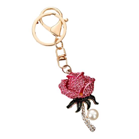 

Keychain Pendant Sparkling Inlaid Rhinestones Rose Design Imitation Pearl Key Chain Lightweight рожевий