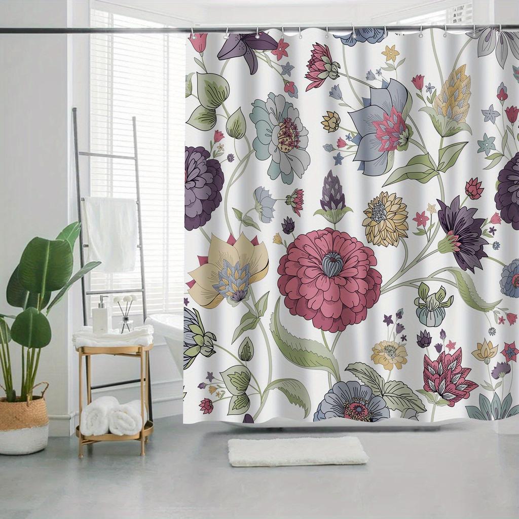 Vintage Floral Garden Bath Curtain - Colorful Flowers & Green Leaves, Waterproof Home Decor Adds Elegance to Your Bathroom