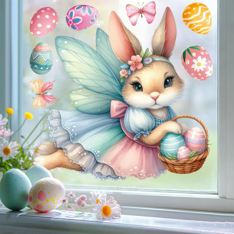 1 Sheet Cute Rabbit Egg Decals Easter Stickers Angel Rabbit Showcase Entrance Glass Electrostatic Patch Easter Party Decoration