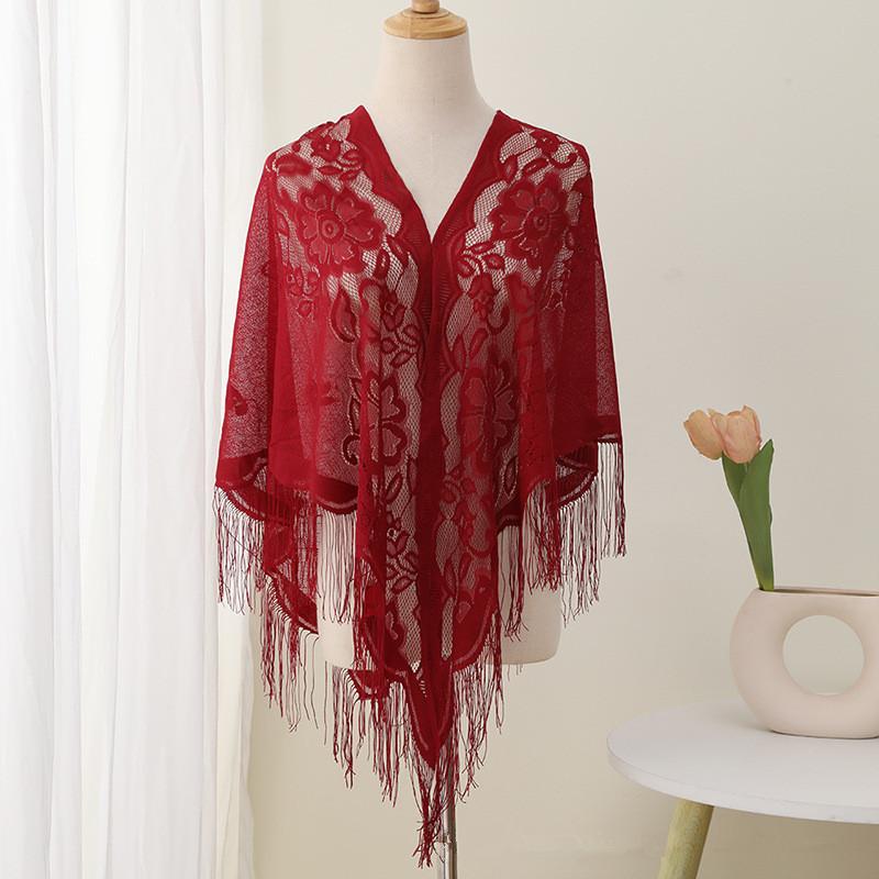 Summer Transparent Lace Flower Tassel Scarf Mesh Yarn Cheongsam Shawl Triangle Neck Scarves Neckerchief Head Scarf