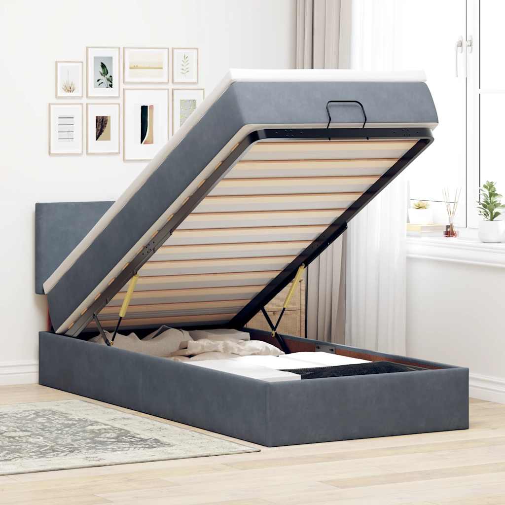 Enjoy restful nights with this ottoman bed with mattress and LEDs in dark gray (80 x 200 cm) upholstered in velvet