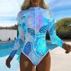 Women Long Sleeve One Piece Swimsuit Zip Front  Sea Turtle Print Rash Guard Surfing Bathing Suit