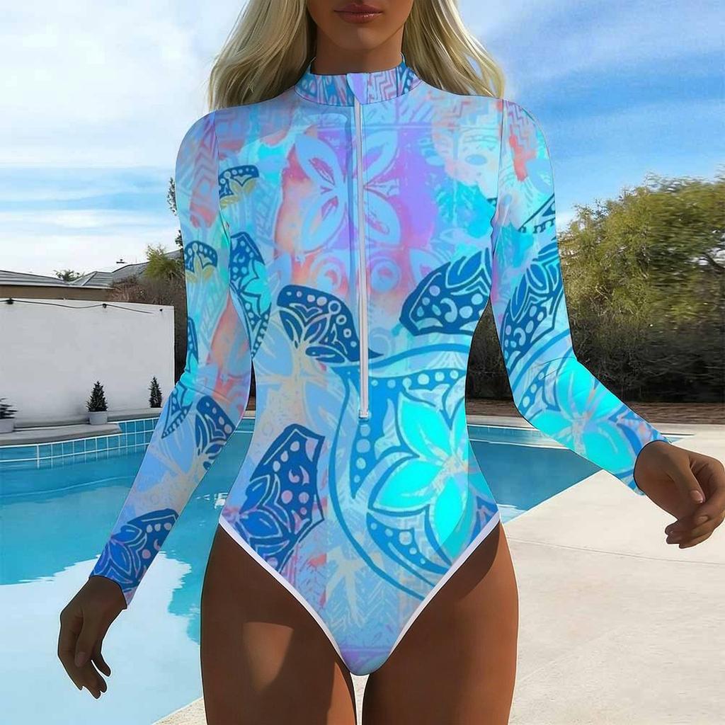 Women Long Sleeve One Piece Swimsuit Zip Front  Sea Turtle Print Rash Guard Surfing Bathing Suit