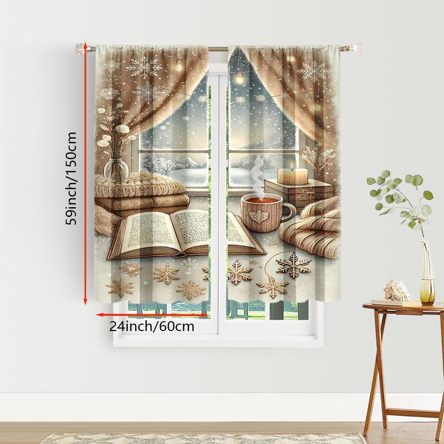 2PCS Digital Print Curtains, Cozy Window Coffee Cup Christmas Pattern, Warm Hygge Style for Xmas Holiday Season Home Decor