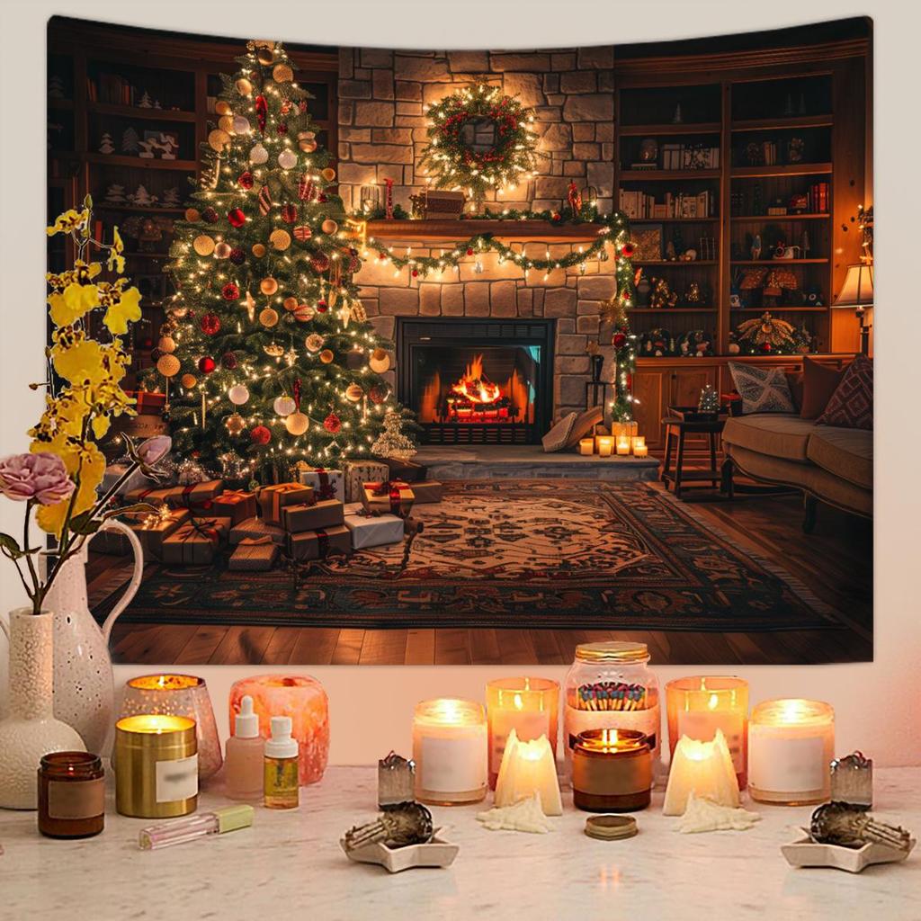 Vintage Christmas Fireplace Tapestry: Holiday Tree Photo Background Hanging Cloth