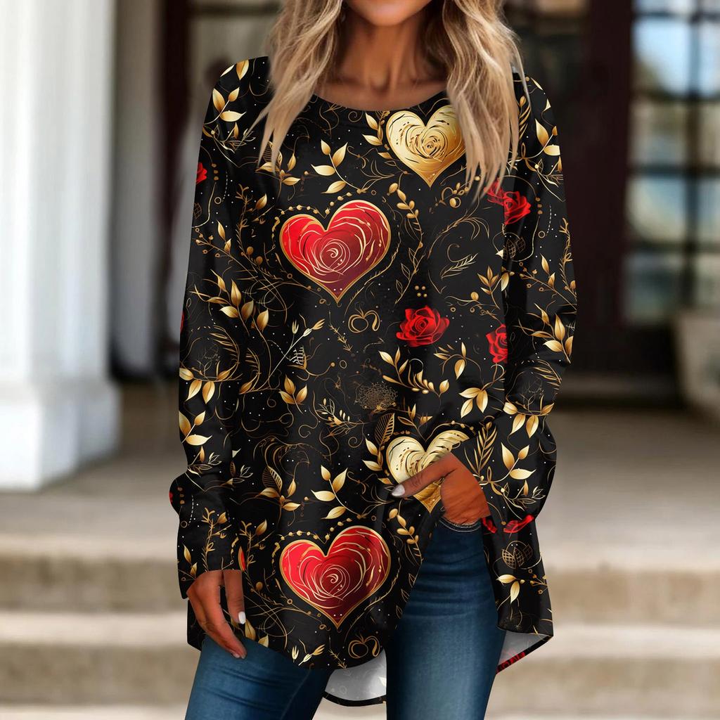 Damen Locker Bedrucktes Rundhals Langarm T-Shirt Top Pullover Langarmtop