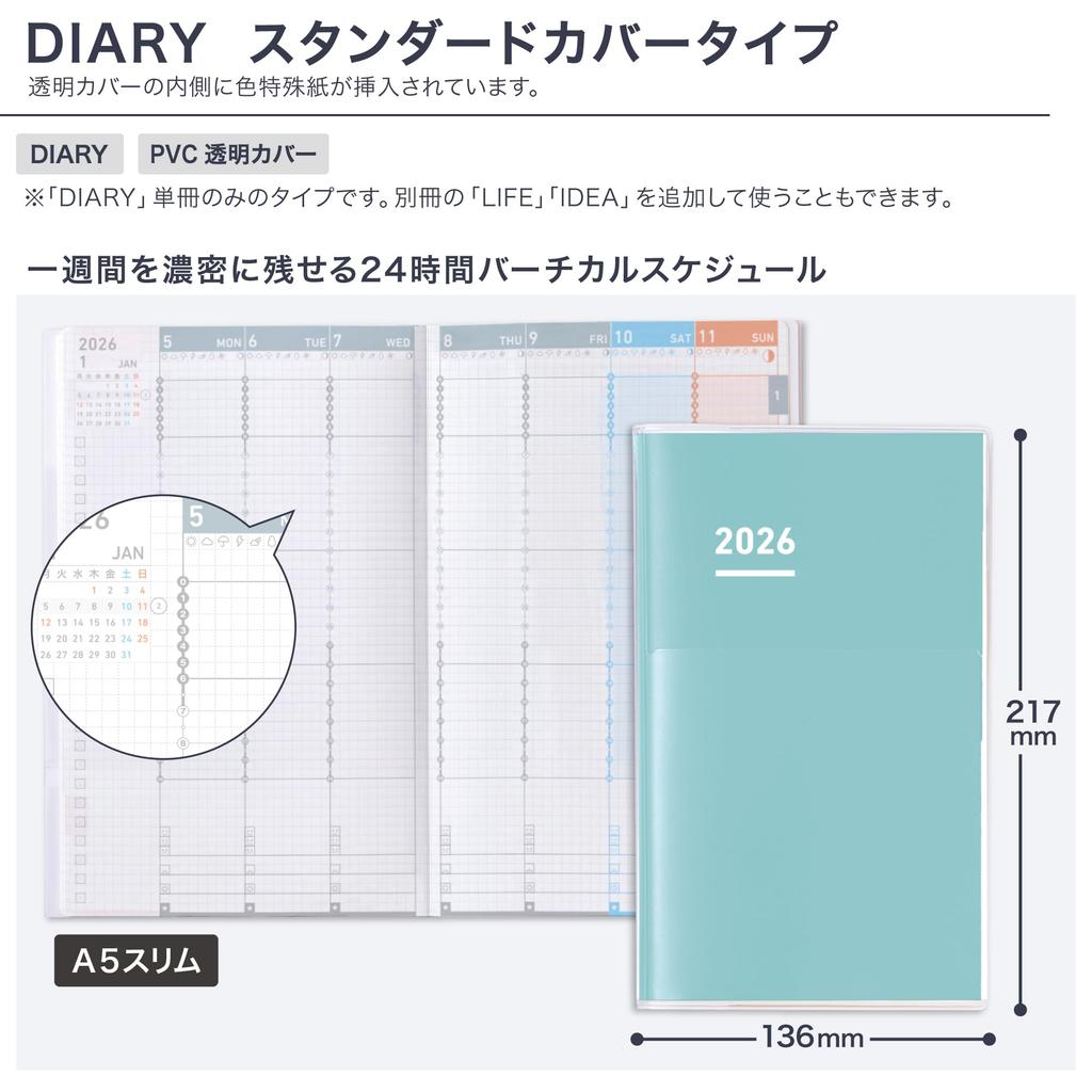KOKUYO Jibun Techo Diary 2026 Monthly/Weekly Planner, A5 Slim, Green, Ni-JCD1G-26, Starts November 2025
