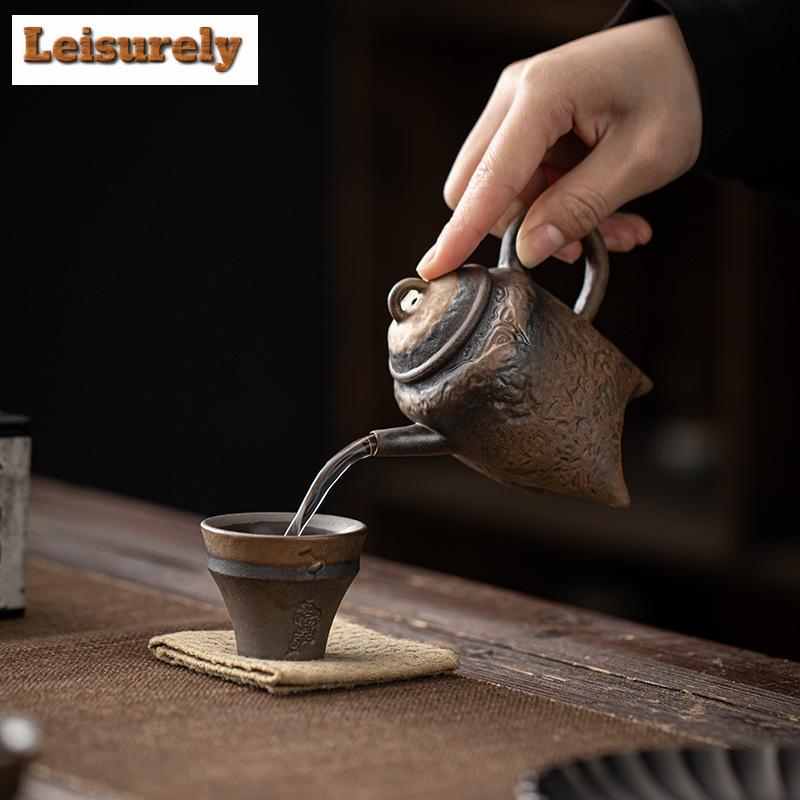 160ml Retro Old Rock Mud Teapot Ancient Early Burnt Gilded Iron Glaze Pot Chinese Tea Making Kettle Kung Fu Tea Items Ornaments