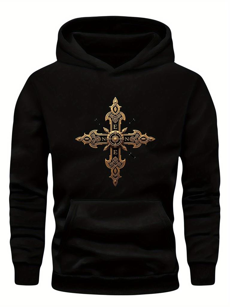 Plus Size Celtic Cross hoodie - Black Casual Loose Fit with Golden Celtic Design