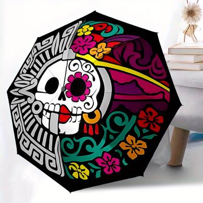 1pc Day of the Dead, Skull Automatic Open/close Folding Compact Umbrella, 8 Rib Sturdy Canopy, Lightweight Portable, Everyday Use, Gift,,138