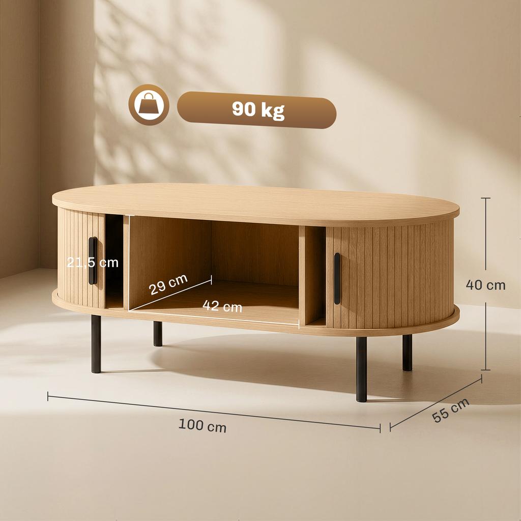 Oval Wooden Coffee Table, Sliding Doors, Hidden Storage, 100 x 55 x 40 cm, Natural Wood