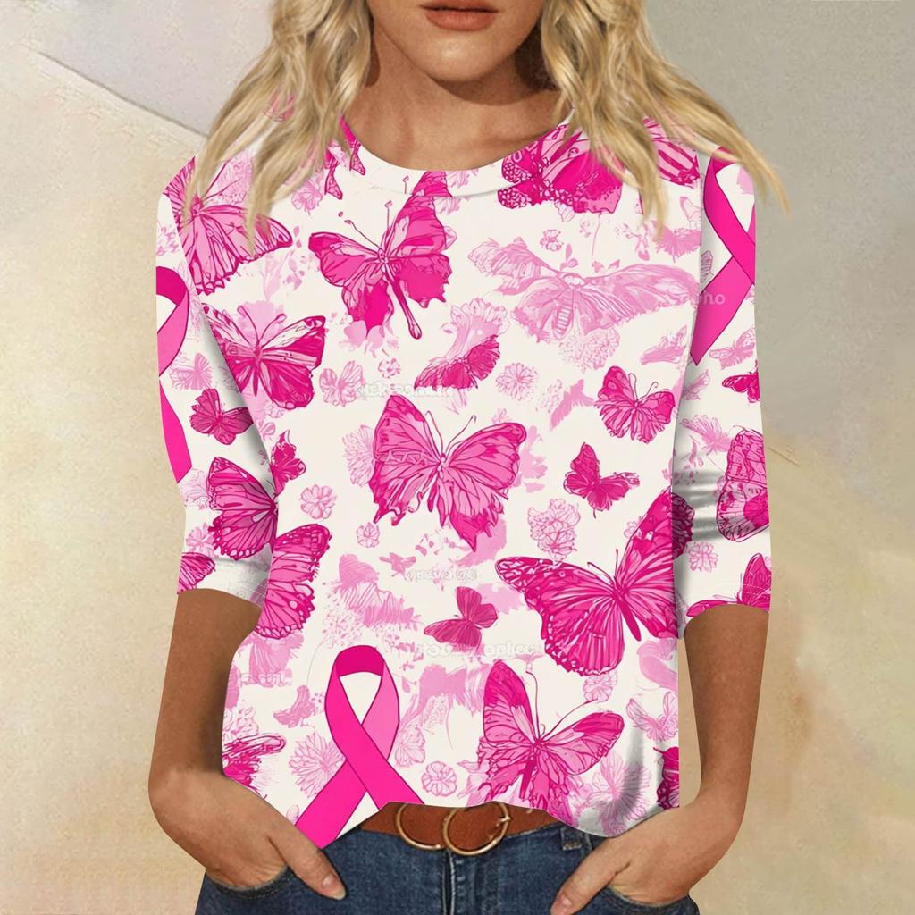 Women's Fashion Casual Seven Split Sleeve Printed Loose Round Neck Top