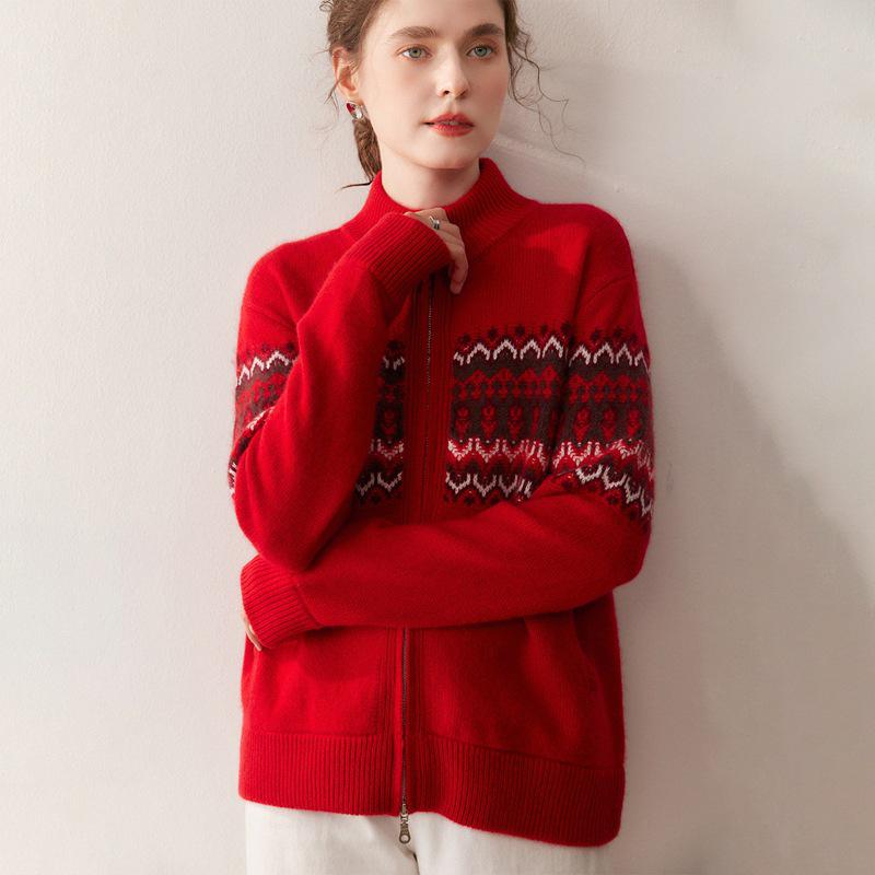 Fair Isle Jacquard Double Zipper Cashmere Cardigan Sweater for Women