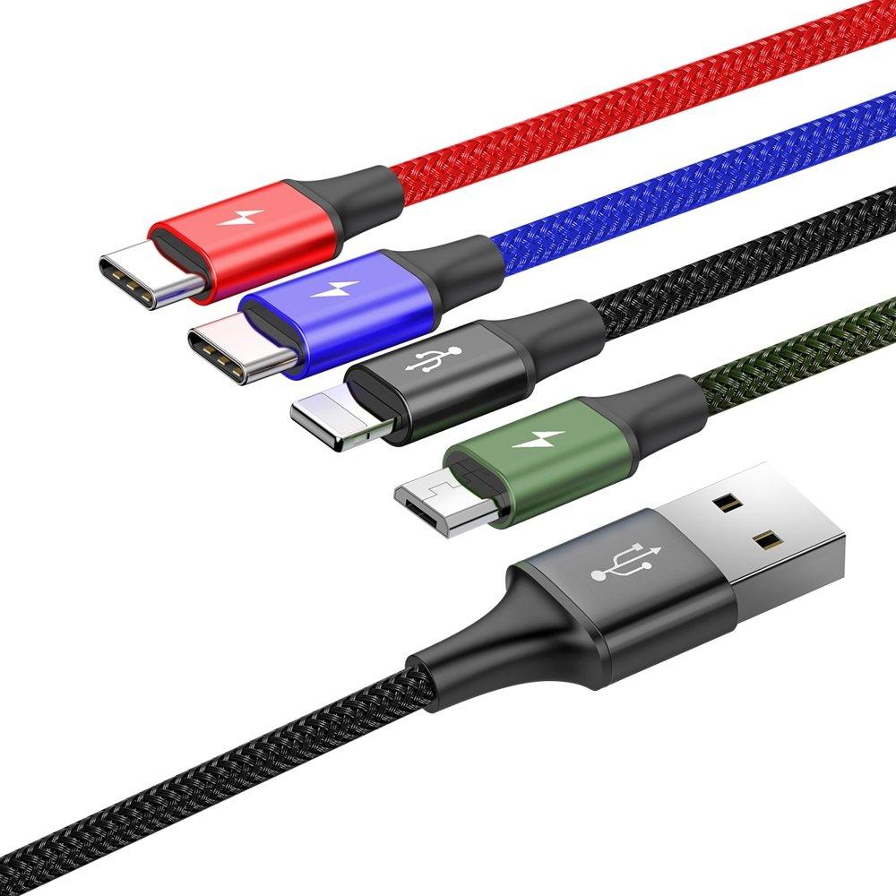 4-in-1 USB-Kabel iPhone Lightning 2x USB-C microUSB Nylon Geflochten 35A 12m Schwarz