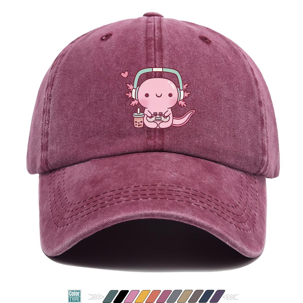 Kawaii Axolotl Gamer Bubble Tea Gewaschene Baseballkappe Unisex Verstellbare Baumwolle Papa Hut